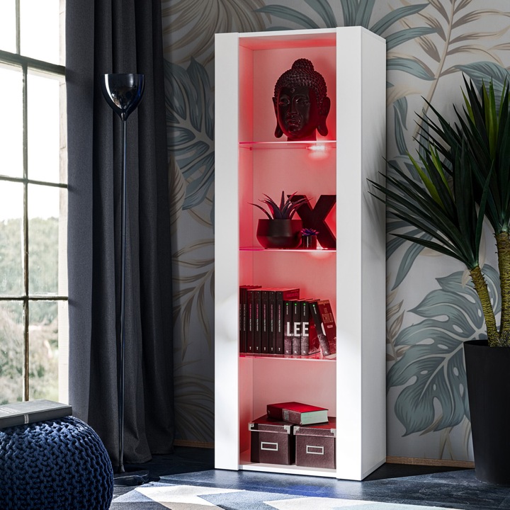 Könyvespolc, Komodee, Tivoli, 3 rekeszes, 3 üvegpolc, RGB LED világítás, Melamin forgácslap, 55 x 159 x 35 cm, Fehér/Fehér