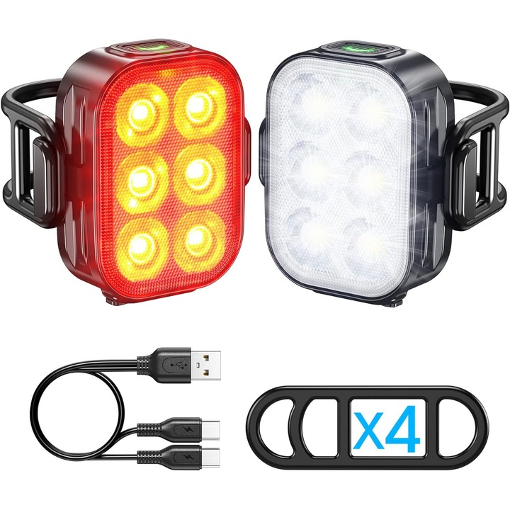 Kerékpárlámpa készlet 6 LED-es, USB újratölthető 500mAh akkumulátorral, első/hátsó kerékpárlámpa, 4 világítási mód, vízálló, napfényvédő, fehér/piros