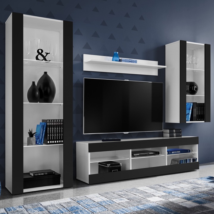 Set Mobila Living, komodee, Tivoli Set Medio, Comoda RTV, Biblioteca, Rafturi, PAL, 250 x 159 x 35 cm, Alb/Negru