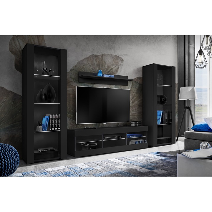 Set Mobila Living, komodee, Tivoli Set Grande, Comoda RTV, Biblioteca, Rafturi, PAL, 250 x 159 x 35 cm, Negru/Negru