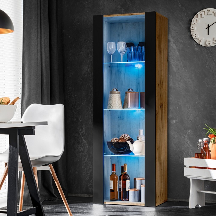 Biblioteca, komodee, Tivoli, 3 compartimente, 3 rafturi din sticla, Iluminare LED Albastru, PAL melaminat, 55 x 159 x 35 cm, Wotan/Negru