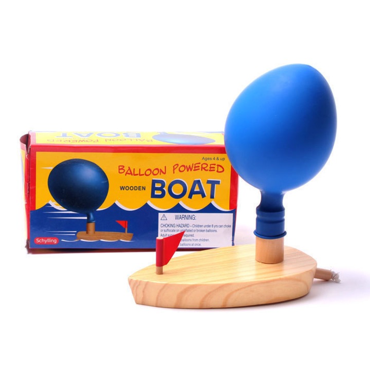 Barca alimentata cu balon, Lemn, 3 ani+, Albastru