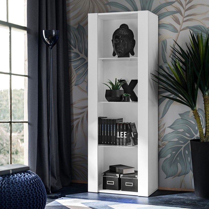 Biblioteca, komodee, Tivoli, 3 compartimente, 3 rafturi din sticla, PAL melaminat, 55 x 159 x 35 cm, Alb/Alb