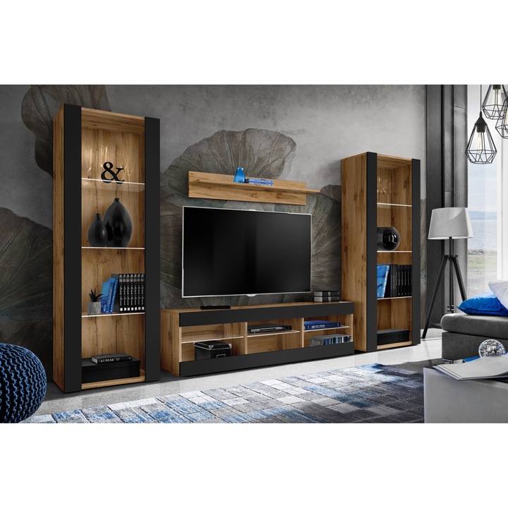 Set Mobila Living, komodee, Tivoli Set Grande, Comoda RTV, Biblioteca, Rafturi, PAL, 250 x 159 x 35 cm, Wotan/Negru