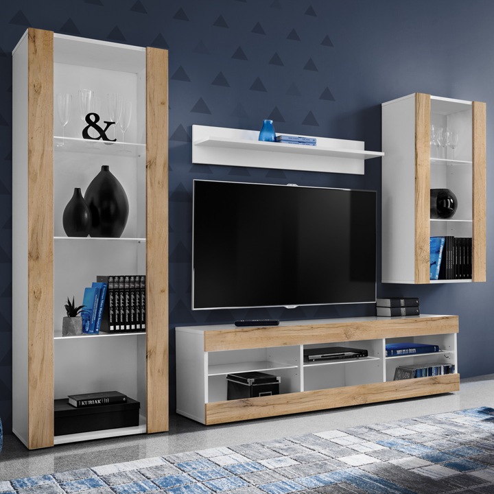 Set Mobila Living, komodee, Tivoli Set Medio, Comoda RTV, Biblioteca, Rafturi, PAL, 250 x 159 x 35 cm, Alb/Wotan