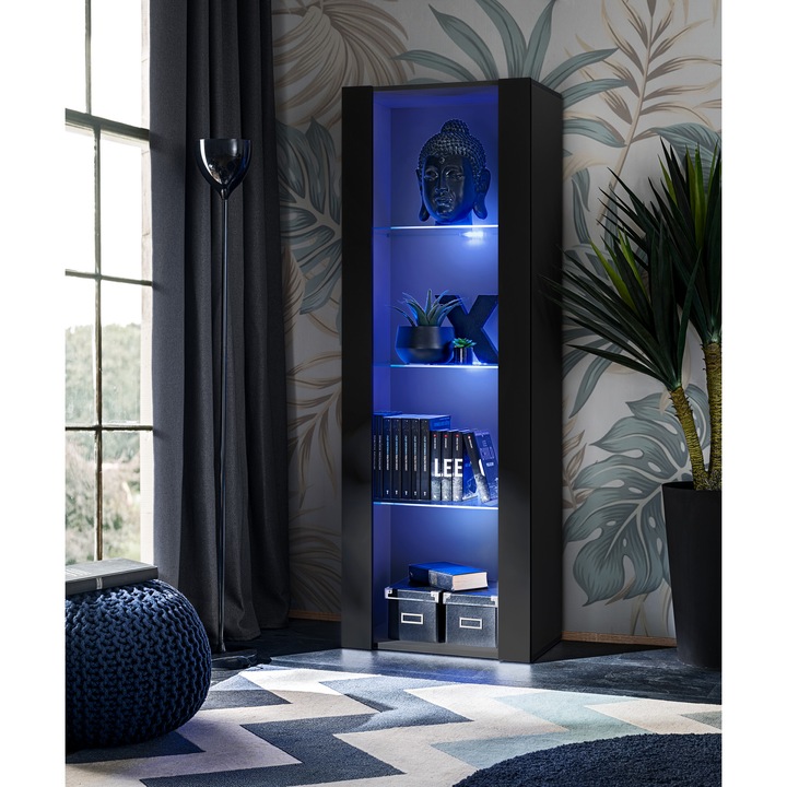 Vitrina Tivoli, Komodee, PAL melaminat, 55 x 159 x 35 cm, LED albastru, Negru/Negru
