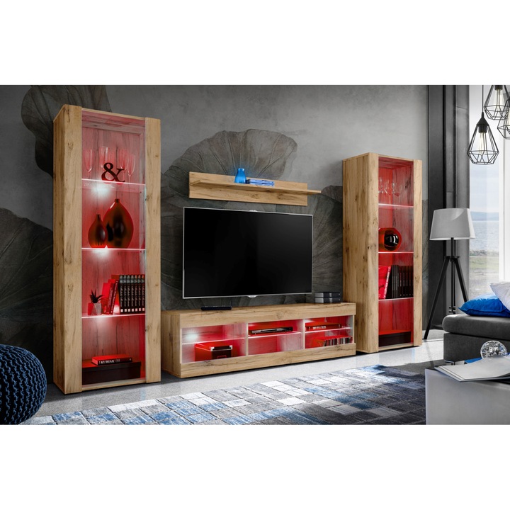 Set Mobila Living, komodee, Tivoli Set Grande, Comoda RTV, Biblioteca, Rafturi, Iluminari LED RGB, PAL, 250 x 159 x 35 cm, Wotan/Wotan