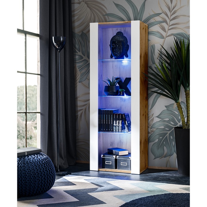 Vitrina Tivoli, Komodee, PAL melaminat, 55 x 159 x 35 cm, LED albastru, Wotan/Alb