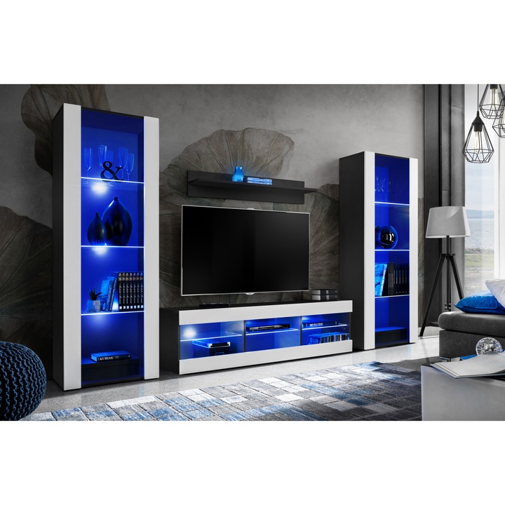 Set Mobila Living Tivoli Set Grande, Komodee, PAL, 250 x 159 x 35 cm, LED albastru, Negru/Alb