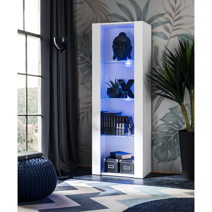Vitrina Tivoli, Komodee, PAL melaminat, 55 x 159 x 35 cm, LED albastru, Alb/Alb