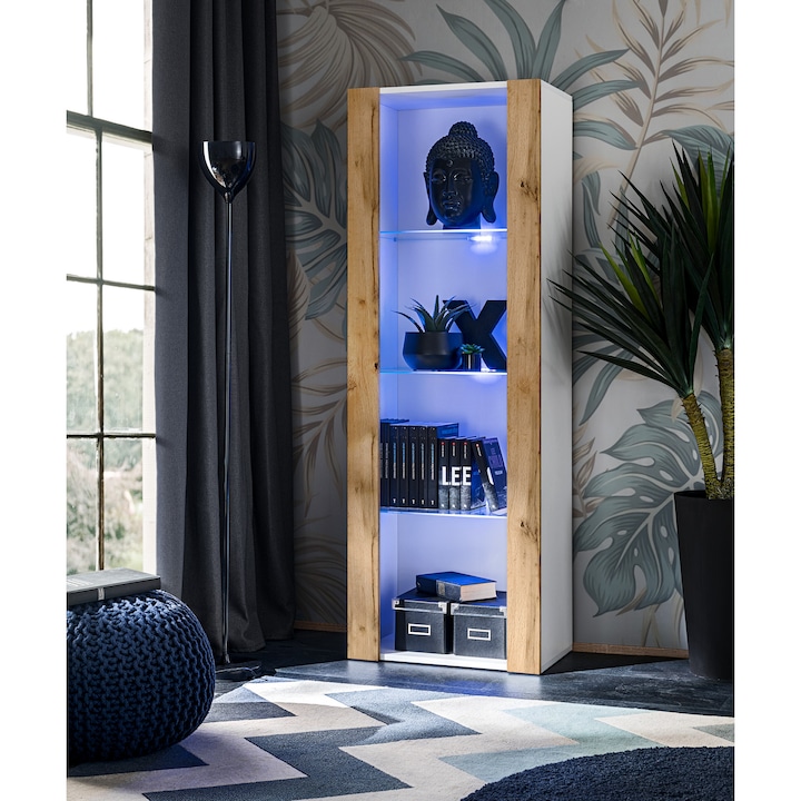 Vitrina Tivoli, Komodee, PAL melaminat, 55 x 159 x 35 cm, LED albastru, Alb/Wotan