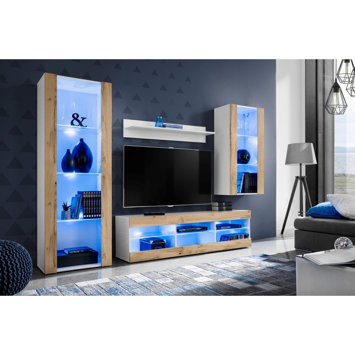 Set Mobila Living, komodee, Tivoli Set Medio, Comoda RTV, Biblioteca, Rafturi, Iluminari LED RGB, PAL, 250 x 159 x 35 cm, Alb/Wotan