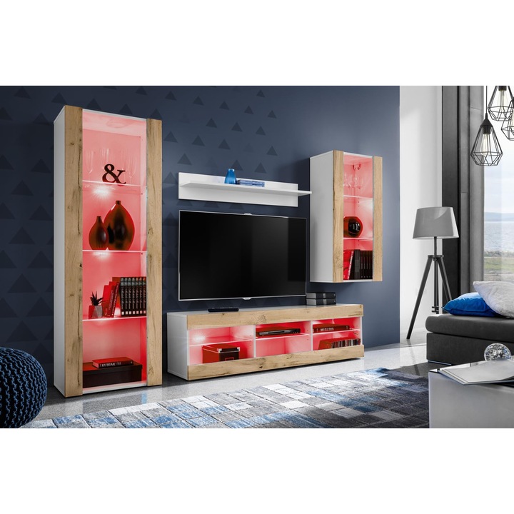 Set Mobila Living, komodee, Tivoli Set Medio, Comoda RTV, Biblioteca, Rafturi, Iluminari LED albastru, PAL, 250 x 159 x 35 cm, Alb/Wotan