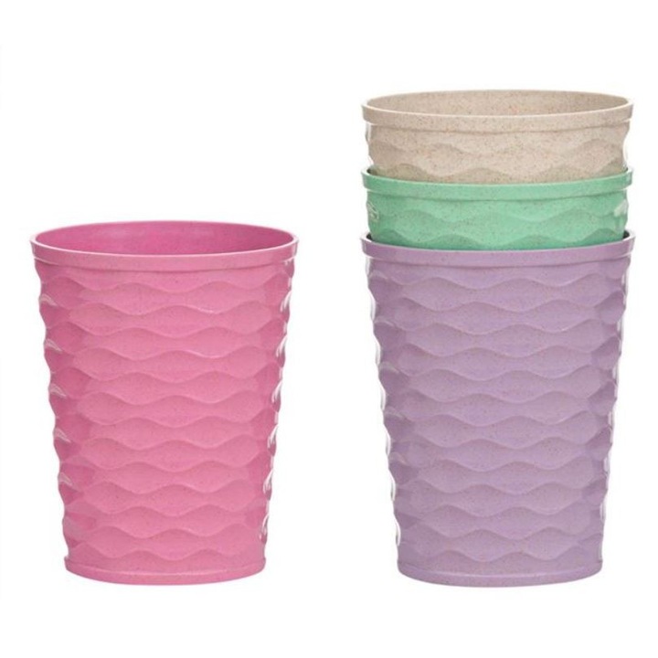 Set 4 pahare din plastic, reutilizabile, Syamag, model ondulat, 475 ml