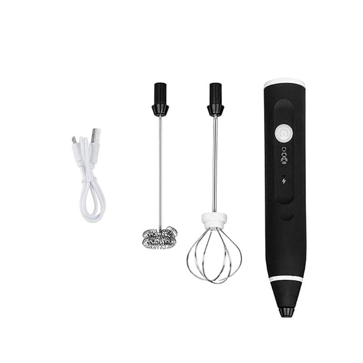 Tejhabosító mixer, USB újratölthető akkumulátor, 1200mAh, 13000 fordulat/perc, 2 fejjel, 3 sebességfokozattal, cappuccinohoz, machiatohoz, ness caféhoz, forró csokoládéhoz, szuper hordozható, fekete