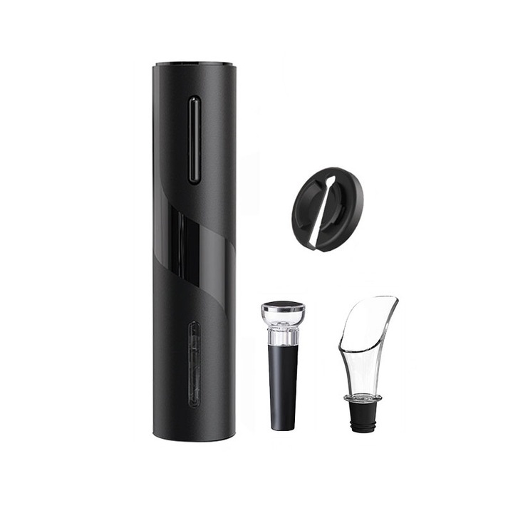 Set Tirbuson Electric, 4 in 1, Accesoriu taiat folie, Pompa vid, Dop sticla vin cu pompita pentru scos aerul, ABS, Negru