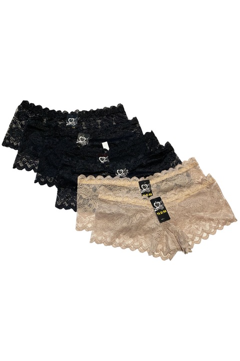 Set lenjerie intima dama, JUP, Poliester, 6 piese, Negru/Bej, M