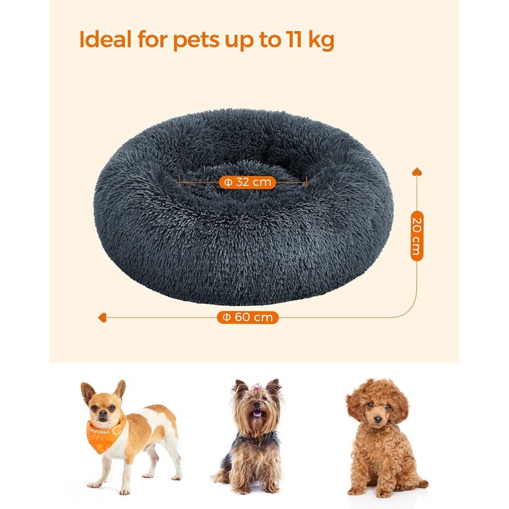 Pat pufos pentru caini si pisici FEANDREA, cu husa detasabila, lavabila, plus moale cu fir lung, 60 cm, gri inchis