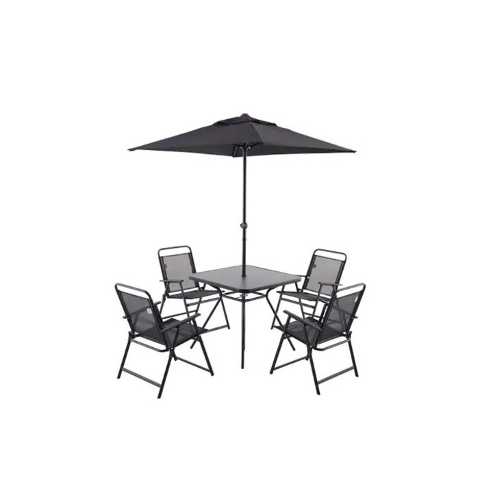 Set mobilier pentru gradina sau terasa, culoare negru, metal, ideal pentru 4 persoane, masa inclusa, 4 scaune si o umbrela