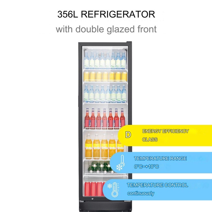 Vitrina frigorifica, Bomann, KSG7351N, H 194.5 cm, 347 l, lumina LED, usa cu geam termopan, racire dinamica cu ventilator, deschidere pe partea dreapta, capacitate rafturi metalice 30kg/raft, picioare ajustabile, potrivit si pentru HoReCa, negru