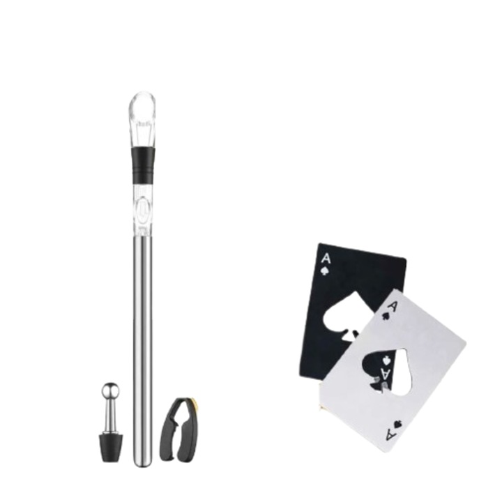 Decantor aerator vin SMALABU tija inox, mentine rece, chei deschidere sticle, set somelier complet