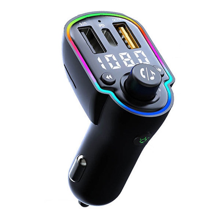 Bluetooth 5.0 FM modulátor, Quick Charge 3.0, PD 20W, 2 USB, Android / Apple kompatibilis, Támogatja a 12V-24V modelleket, Digitális kijelző, Ambient Lights, Vaxiuja, Fekete