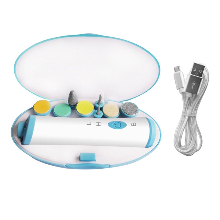 Бебешка електрическа пила за нокти, 360°, LED светлина, акумулаторна, 3 глави за бебета, 5 глави за възрастни, безшумна, много безопасна, преносима, Vaxiuja, бяла