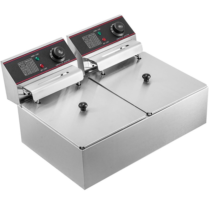 Friteuza dubla electrica Vevor Inox, 2 x 2500 W, capacitate ulei 2 x 6 l, dimensiune 560 x 430 x 310 mm