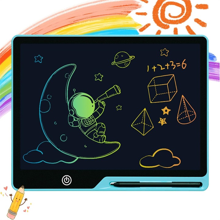 Tableta de scris si desenat, BOMSTOM, 13 inch, LCD, cu Stylus Pen, functia de blocare, Incarcare USB, cu scriere color si functie de stergere, de scris si desenat, 3 ani+, 27.5cm, Albastru