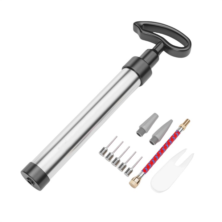 Преносима помпа с топка, BOMSTOM, Алуминиева сплав, Предлага се с игла, дюза и удължителен маркуч, 26*4 см, Сребриста