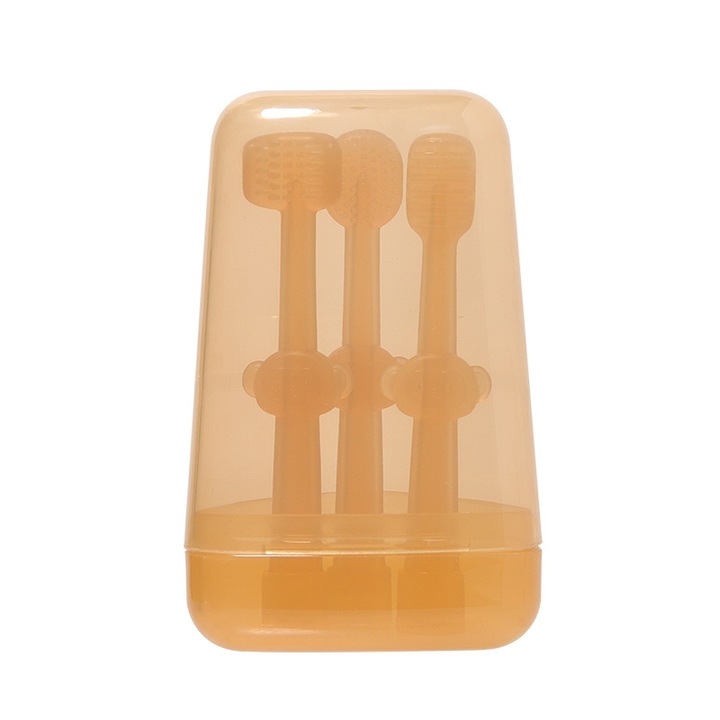 3 db-os fogkefe készlet babáknak, BOMSTOM, Szilikon, fogakhoz és nyelvhez, 0-18 hónapos, Narancs