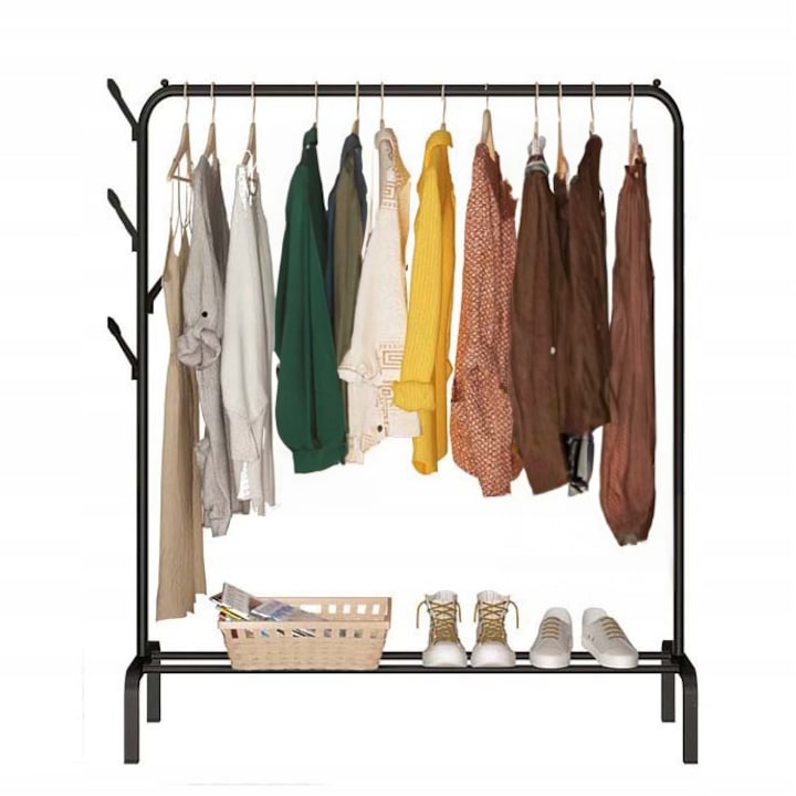 Suport umerase pentru haine, Muvu, de sine statator, 150 x 110 x 40 cm, din metal, negru