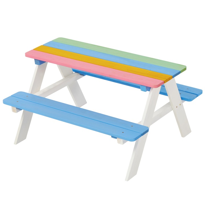 Детска Маса за Пикник с Пейки, GINGER HOME, Градинска, Дървена, Игри на Открито, RAINBOW