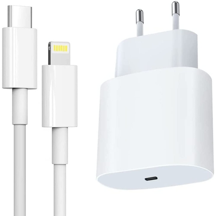 Set incarcator, compatibil cu iPhone 14/14 Plus/13/12/11/Pro/Pro Max/iPad/ AirPods, cablu USB-C Lightning, 100 cm, adaptor de retea cu incarcare rapida 20W, alb