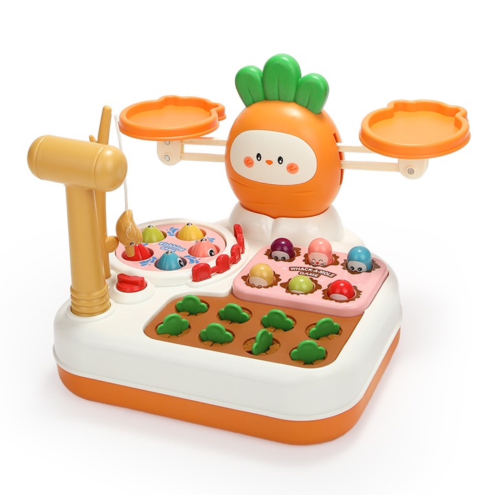 Интерактивна играчка Giftry 4 в 1, мултиактивен комплект, Whack-a-Mole, риболов и бране на моркови, математическа везна, момчета и момичета, 18 месеца+, оранжев