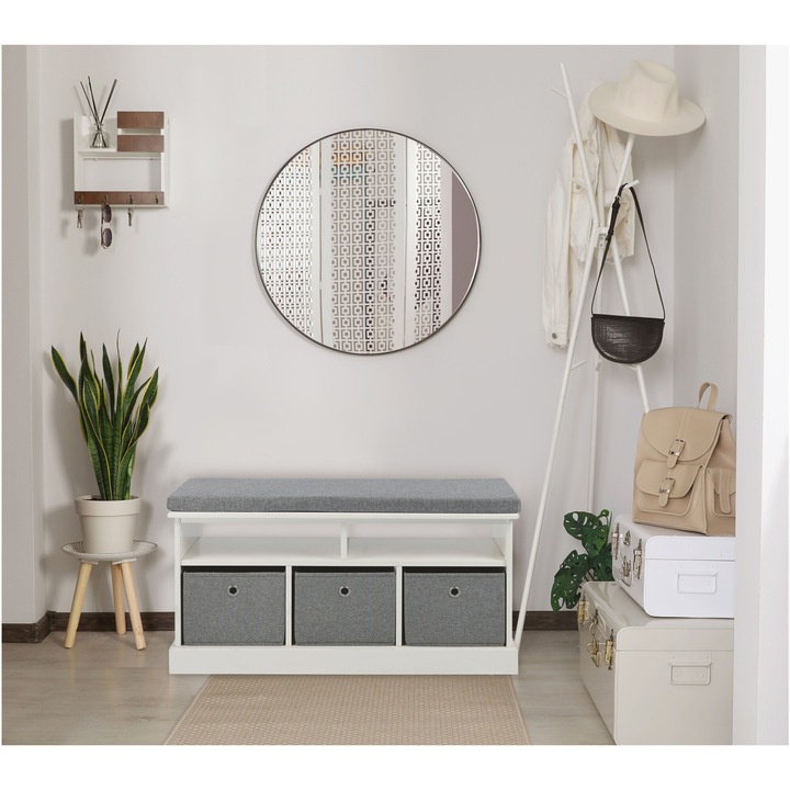 Bancheta / Pantofar Kring Milo,95x35x49 cm, 3 spatii depozitare, MDF, Alb