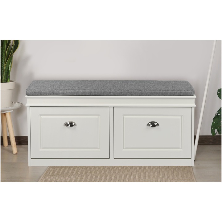 Bancheta / Pantofar Kring Liv, 104x24x47,5 cm, 2 spatii depozitare, MDF, Alb