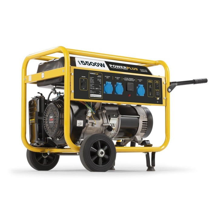 Generator curent Powerplus POWX5160, 5500w, 398 cm3, 13CP, monofazic, rezervor 25l benzina si 1.1l ulei, doua prize, stabilizator tensiune AVR, motor in patru timpi