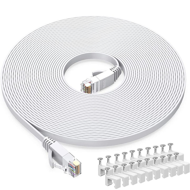 Кабел UTP Ethernet Cat6, гъвкав плосък формат, с 20 щипки, RJ45 конектор, 20 m, бял