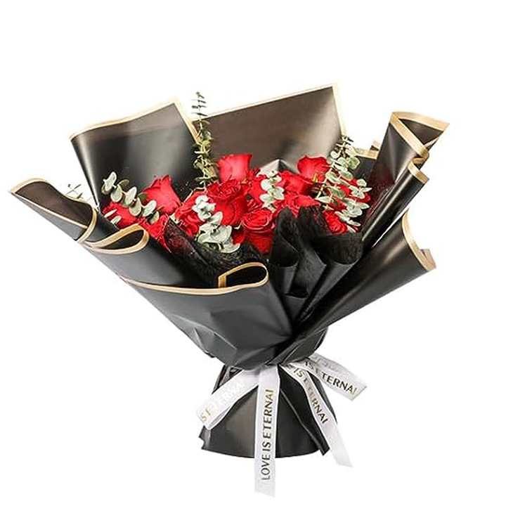 Комплект от 20 листа опаковъчна хартия за цветя, 58 х 58 см, златен бордюр, черен