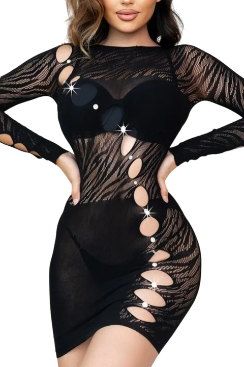 Lenjerie sexy dama, rochie scurta mulata cu maneci lungi, decupaje incitante, model senzual provocator, tematica fashion lady, EFAYN, Negru, One Size