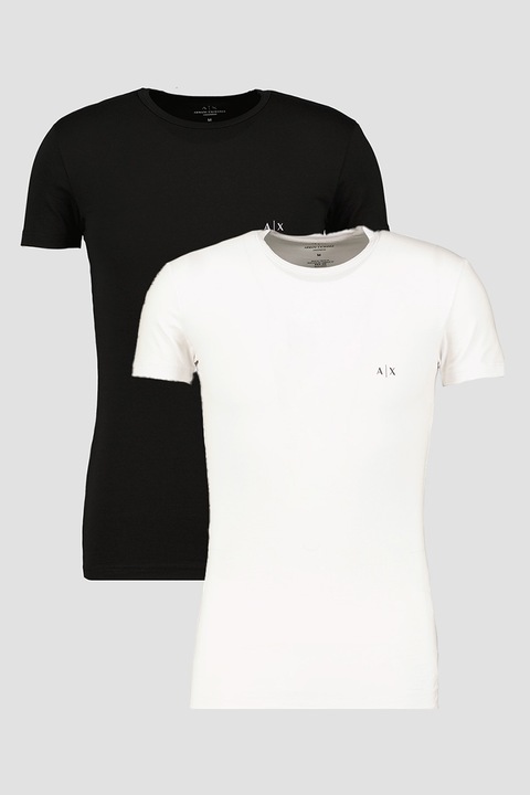 ARMANI EXCHANGE, Set de tricouri cu decolteu rotund si logo - 2 piese, Alb/Negru