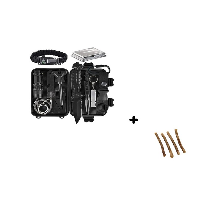 Комплект за оцеляване 16 в 1 Solid Volt, включени многофункционални прибори, инструменти, идеални за пътувания, туризъм, къмпинг, риболов, на открито, пътуване, включена водоустойчива чанта за носене, черна, включени 4 броя фитилен шнур