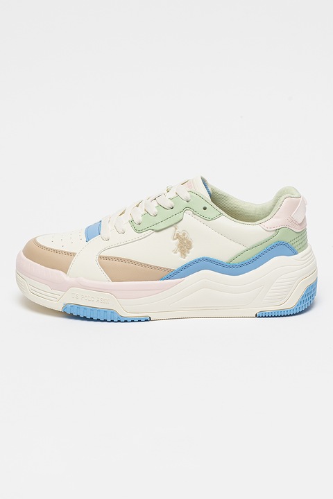 U.S. Polo Assn., Pantofi sport de piele ecologica cu garnituri contrastante Judy, Alb/Albastru pastel/Verde fistic, 39