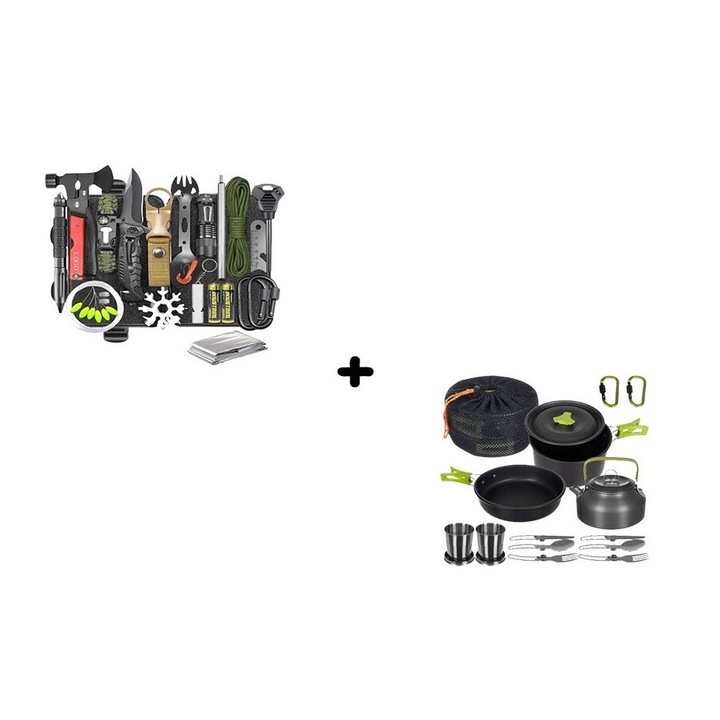 Комплект за оцеляване 32 в 1 Solid Volt, включени многофункционални прибори, инструменти, идеални за пътувания, туризъм, къмпинг, риболов, на открито, пътуване, включен водоустойчив калъф за носене, включен комплект за готвене на открито