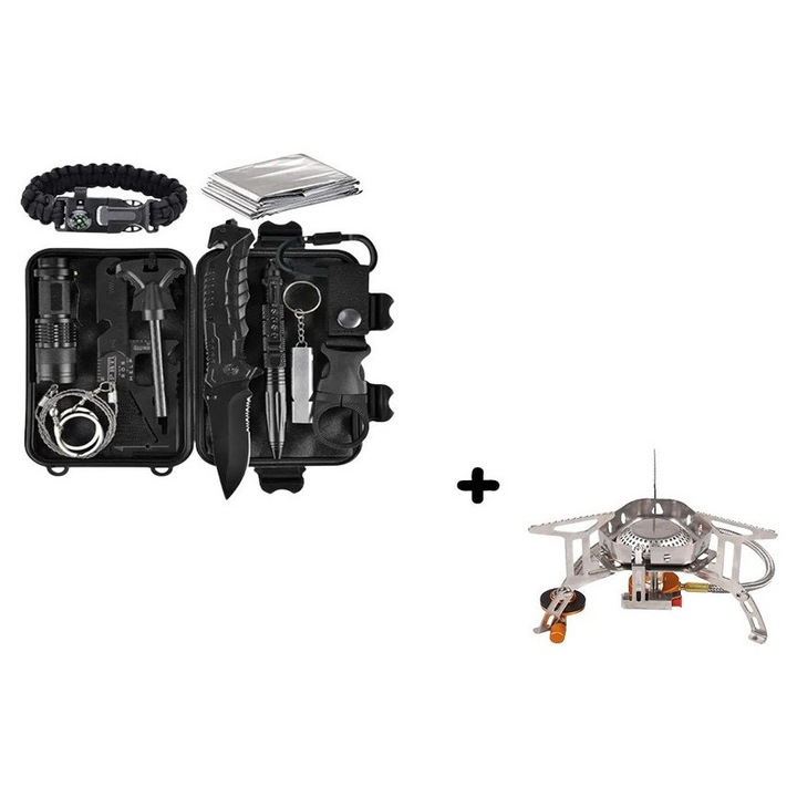 Kit supravietuire 16 in 1 Solid Volt, ustensile multifunctionale incluse, unelte, ideal pentru pentru excursii, drumetii, camping, pescuit, outdoor, calatorii, trusa impermeabila pentru transport inclusa, aragaz cu arzator inclus