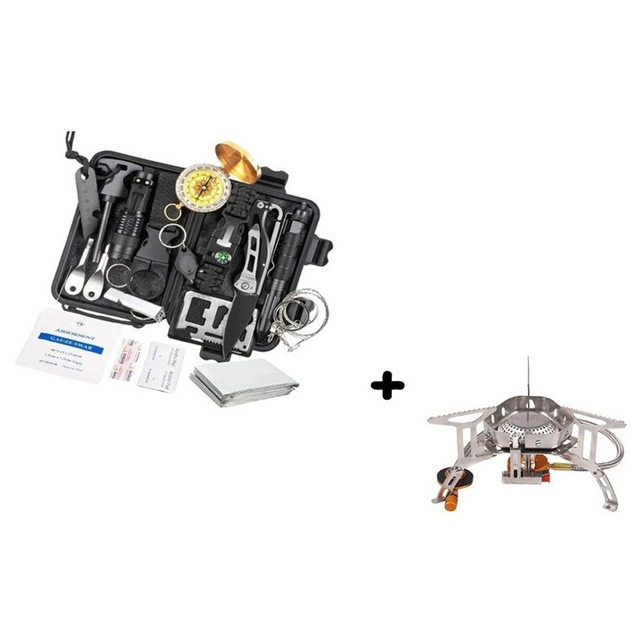 Kit supravietuire 18 in 1 Solid Volt, ustensile multifunctionale incluse, unelte, ideal pentru pentru excursii, drumetii, camping, pescuit, outdoor, calatorii, trusa impermeabila pentru transport inclusa, aragaz cu arzator inclus