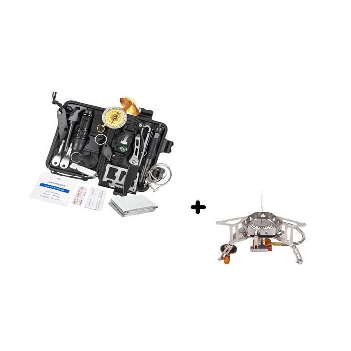 Комплект за оцеляване 18 в 1 Solid Volt, включени многофункционални прибори, инструменти, идеални за пътувания, туризъм, къмпинг, риболов, на открито, пътуване, включен водоустойчив калъф за носене, включена печка с горелка