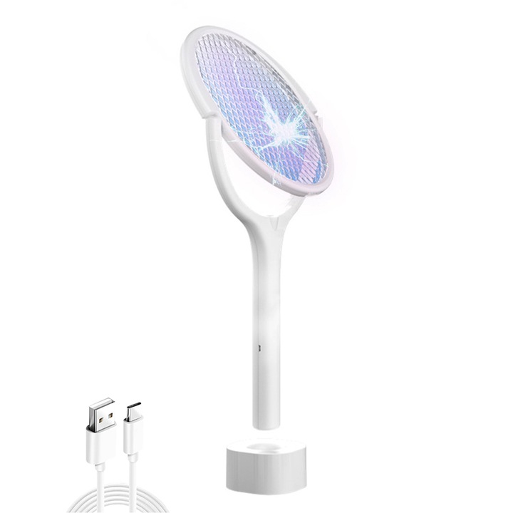 Paleta electrica anti-insecte cu Lampa UV Anti-tantari, Chucai, Rotire 90 grade, stativ birou, Incarcare USB, utilizare manuala sau automata, anti insecte, muste, tantari, alb