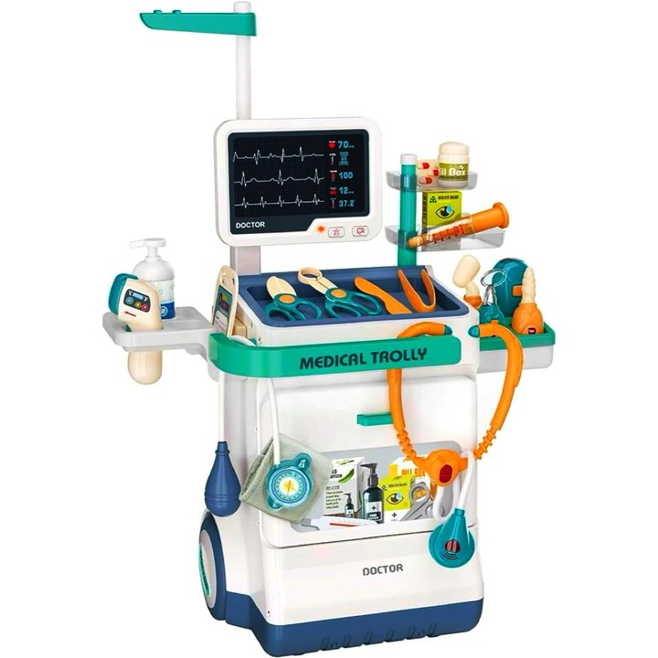 Set de Joaca Doctor, Carucior Medical pentru Copii, cu Sunete, Include Radiografii, Stetoscop, Termometru, Seringa, Portabil, Stimuleaza Imaginatia si Jocul de Rol, 3ani+, Turcoaz, Promerco®